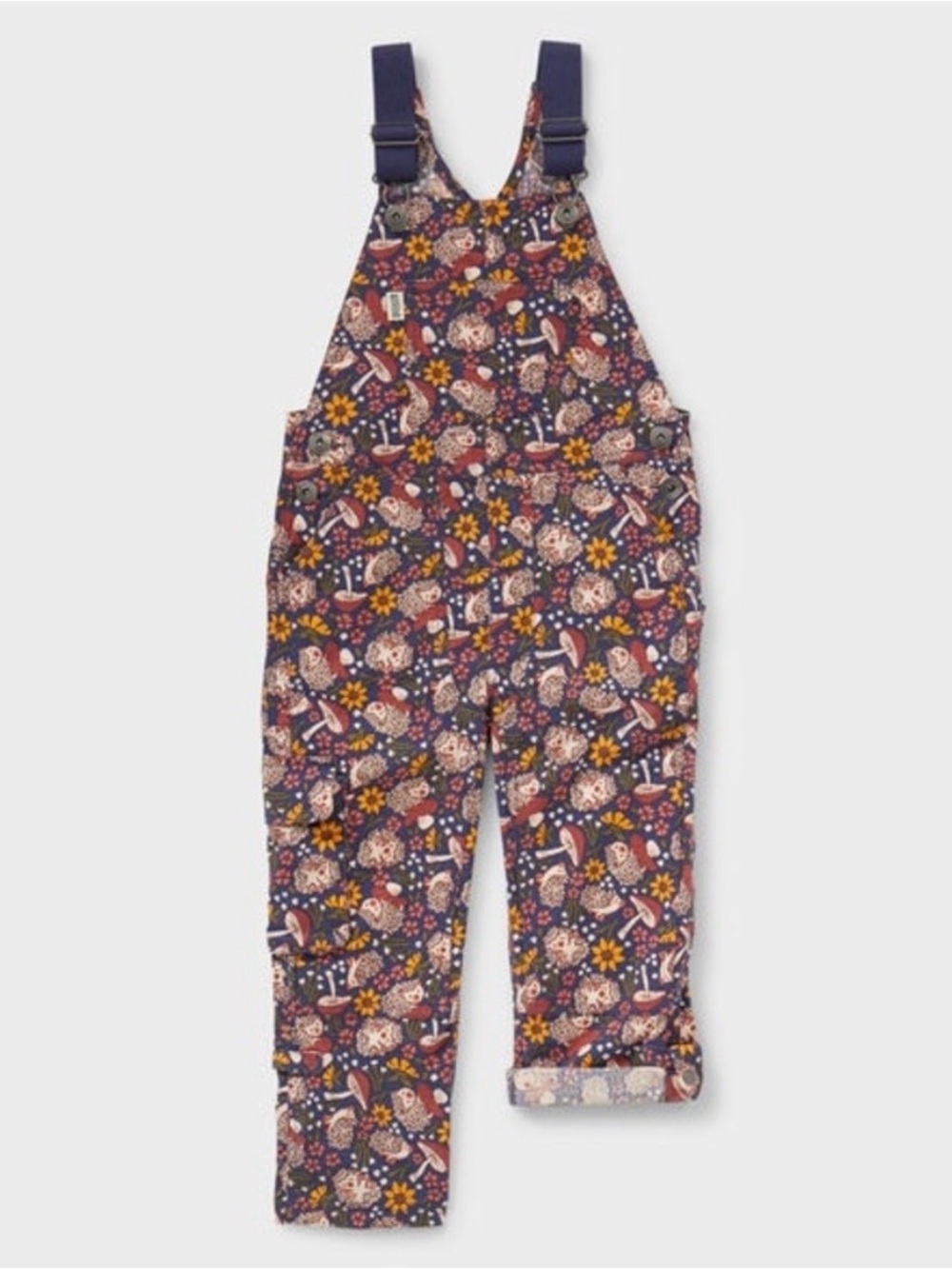 Duluth Heirloom gardening bin overalls in dusk blue with hedgehogs and mushrooms